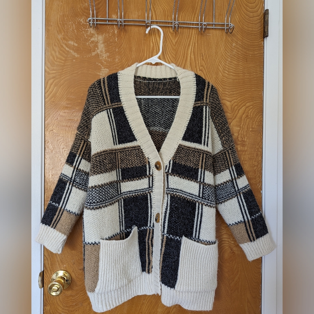 Plaid Knit Cardigan Sweater - Black, Cream, and Brown